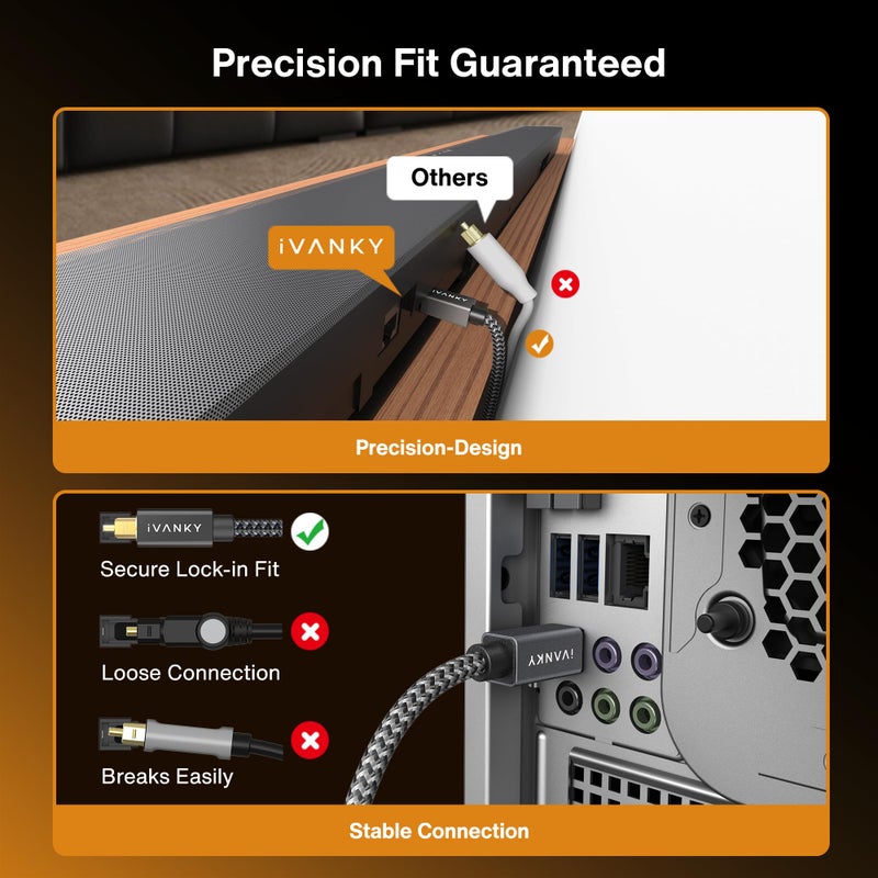 IVANKY Optical Audio Cable 3.3ft/1M Digital Audio Optical Cable for Soundbar, S/PDIF Toslink Fiber Optic Cord [Braided, Gold-Plated Connectors, CL3 Rated] for TV, Samsung, Xbox/PS4, Sonos-Grey - Image 5